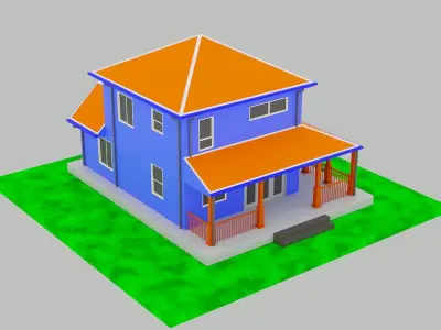 Low poly house 3D model orange on field Free low-poly 3D model