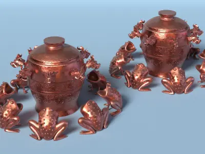 Ancient Earthquake Jar with Frogs Copper 3D model
