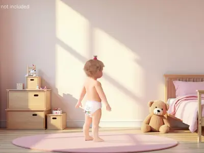 One Year Old Girl in Diaper Fur Rigged 3D model