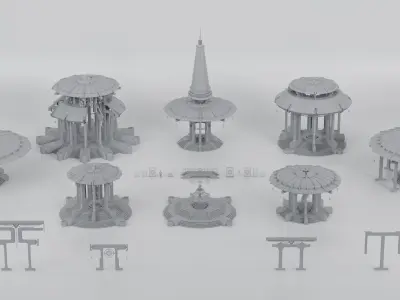 Sacred Temples Asian Styled Buildings and Assets 3D Kit 3D model