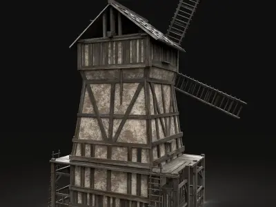 ENTERABLE AAA NEXT GEN MEDIEVAL CITY TOWN GRANARY WINDMILL SILO Low-poly 3D model