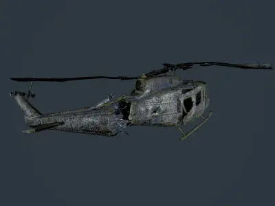 Wrecked Damaged UH1H Military Helicopter Game Ready 05 Low-poly 3D model
