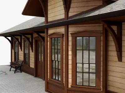 Vintage Wooden Train Station Low-poly 3D model