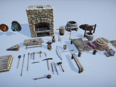 Medieval survivalist forge Low-poly 3D model
