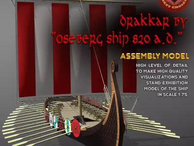 Drakkar is a Viking warship by Oseberg ship 820 AD 3D model