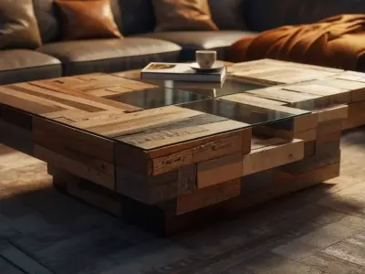 coffee table made from recycled wood and tempered glass 3D model Low-poly 3D model