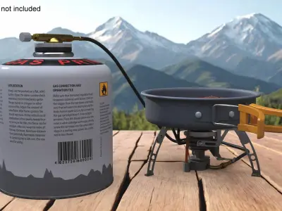 Camping Frying Pan with Steak on Gas Burner 3D model