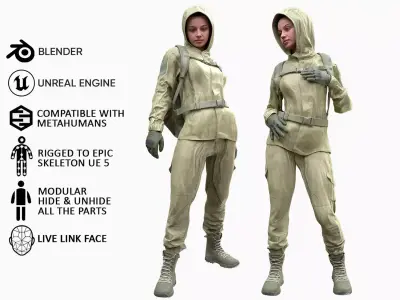 Woman - Hunting Uniform 2 - Modular - Rigged Low-poly 3D model