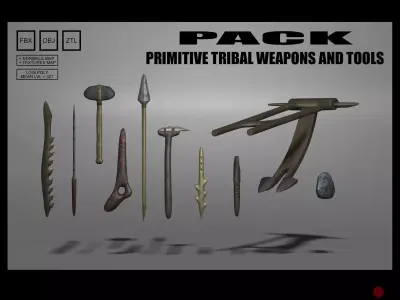 PACK of Primitive tribal weapons and tools Low-poly 3D model