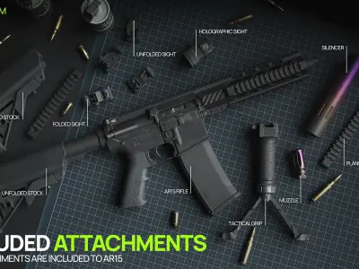 AR15 Pack - x9 Attachments Included  Low-poly 3D model