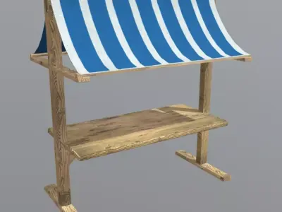 Booth wooden table with striped awning Free low-poly 3D model