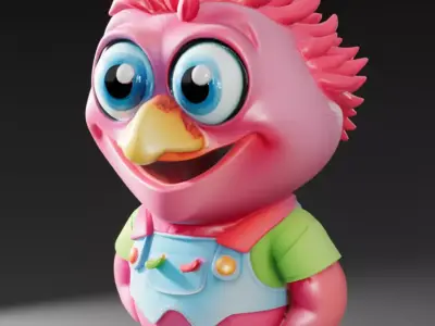 Cute Pink Bird Toy Cartoonish Character Overalls 3D Low-poly 3D model