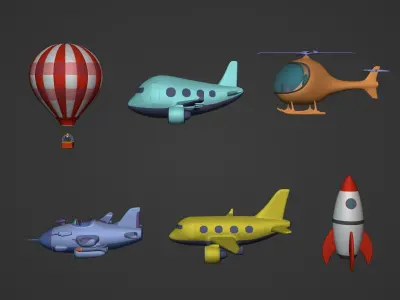 Cartoon Aircraft  Pack - Rocket Hot Air Balloon Plane Helicopter Low-poly 3D model
