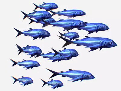 Animated Low Poly Art Flock Blue Sea Fish Low-poly 3D model
