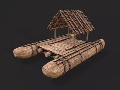 Primitive Wooden Raft Survival Boat Hut Shelter Low-poly 3D model