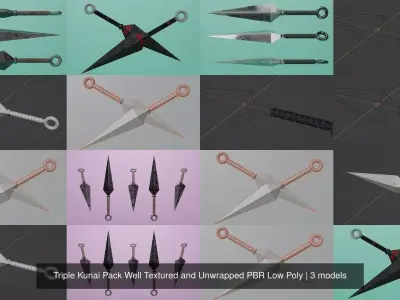Triple Kunai Pack Well Textured and Unwrapped PBR Low Poly 3D Model Collection