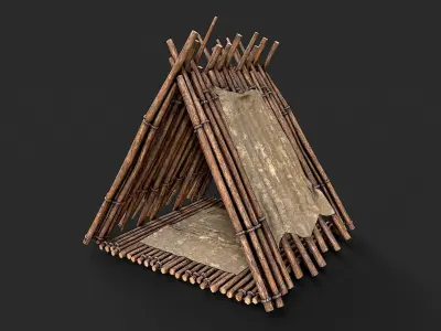 Primitive Wood and Fabric Tent Shelter 1 Low-poly 3D model