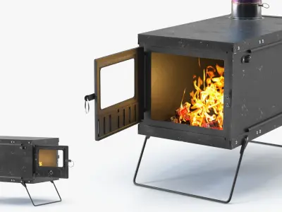 Portable Camping Stove with Live Fire and Tall Pipe Black 3D model