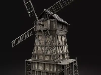 ENTERABLE AAA NEXT GEN MEDIEVAL CITY TOWN GRANARY WINDMILL SILO Low-poly 3D model