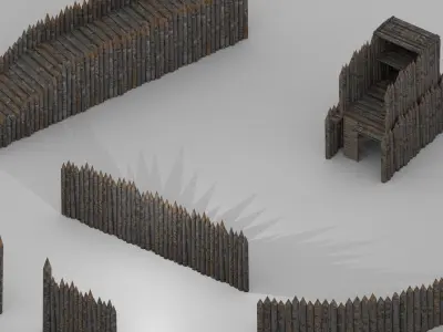 Medieval wood defense fence modular Low-poly 3D model