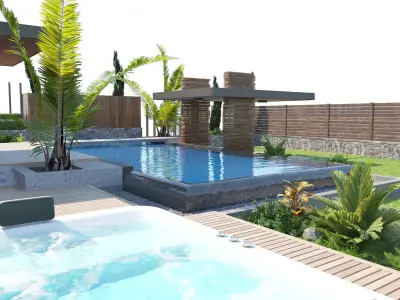 private garden with pool and pergola 3D model
