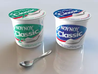 Yogurts pack and spoon 3D model 3D model