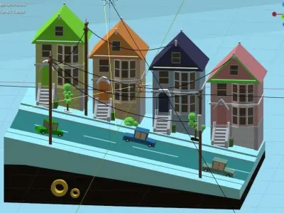 City street home and car Low-poly 3D model