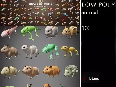 100 Low Poly Animals Base Meshes Pack Domestic Farm Pet Low-poly 3D model