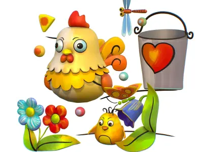 Cartoon 3D illustration Farm Scene Chicken Chick Low-poly 3D model