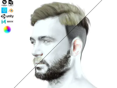 Side Part Man Hair Style - Beard - Mustache Low-poly 3D model