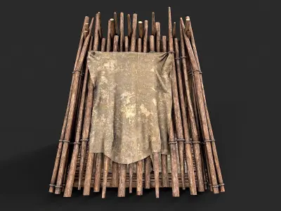 Primitive Wood and Fabric Tent Shelter 1 Low-poly 3D model