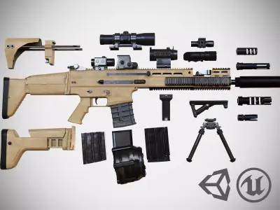 FN SCAR - H - 25 Attachments - Customizable - Highly Detailed Low-poly 3D model