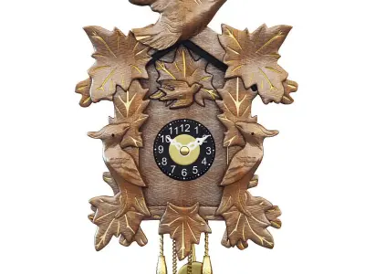 Clock wooden cuckoo with birds and leaves 3D model