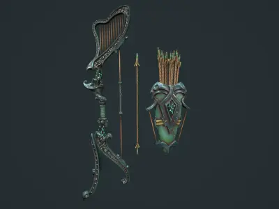 Harp bow quiver arrow Low-poly 3D model
