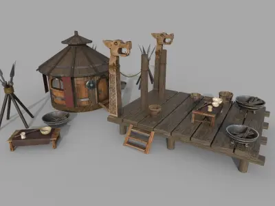 Historic Viking house with courtyard PBR low-poly 3D model Low-poly 3D model