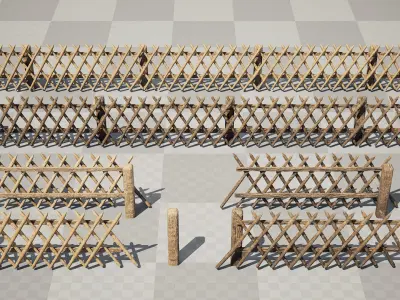 Rustic Wooden Fence village country fencing railing Low-poly 3D model