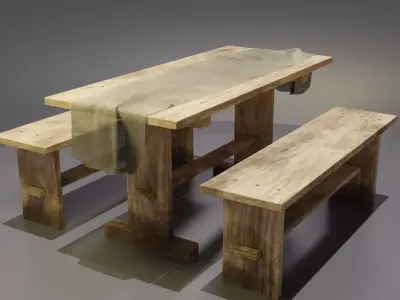 Rustic Wooden Picnic Dining Table Low-poly 3D model