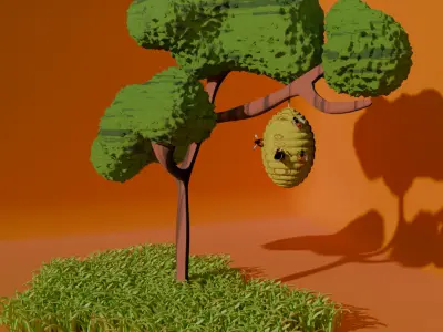 Bee  Tree hive honey on Grass Low-poly 3D model