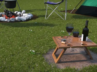 Rustic Wine Table with Corkscrew and Red Wine 3D model