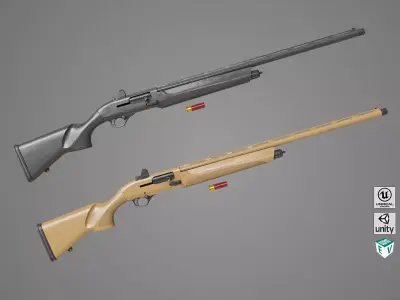 Long Shotgun 03 Black and Sandal Single Mat All PBR Textures Low-poly 3D model