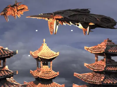 Empress Warlord Temples with Air ships 2 Kitbash 3D model