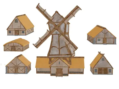 Medieval Stylized Village Pack Windmill Houses Low-poly 3D model