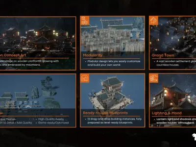 Chinese Lakeside Town Environment Low-poly 3D model