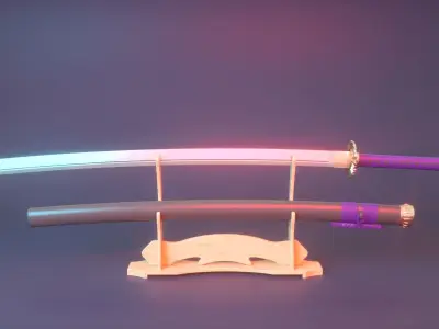 Low-poly Katana sword with sheath and display stand Low-poly 3D model