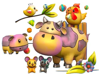 Cartoon 3D illustration Cow Mouse Rooster Chick Low-poly 3D model