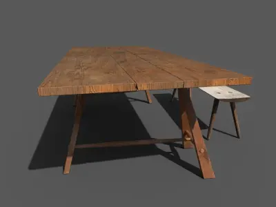 Movable medieval table and bench set Low-poly 3D model