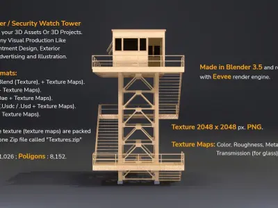 PBR Low Poly Guard Tower Security Watch Tower Cream Clean Low-poly 3D model