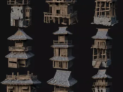 DESTROYED RUINED JAPANESE TOWER WATCHTOWER WALLS COLLECTION AAA Low-poly 3D model