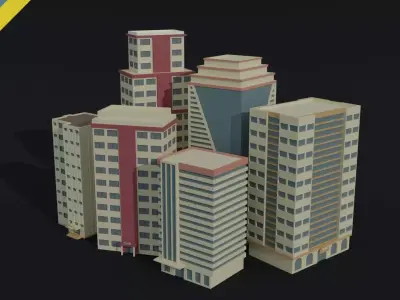 Cartoon city hotel kit Polygonal Style Low-poly 3D model