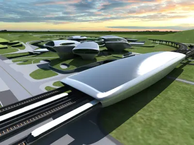 Museum 2 futuristic building in middle of grassy field 3D model